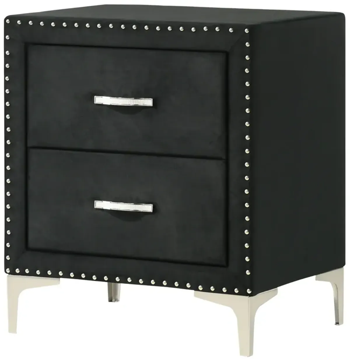 Moha 28 Inch Nightstand, Wood, 2 Drawers, Metal Handles, Black Velvet - Benzara