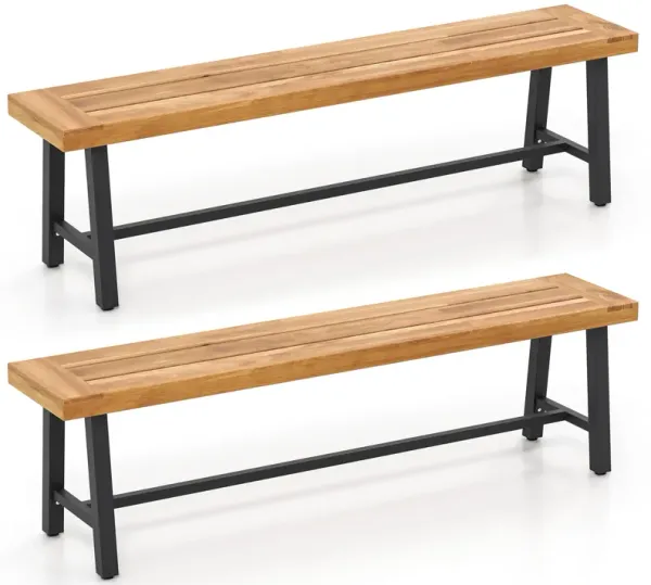 3-Person Acacia Patio Wood Outdoor Backless Bench-Set of 2