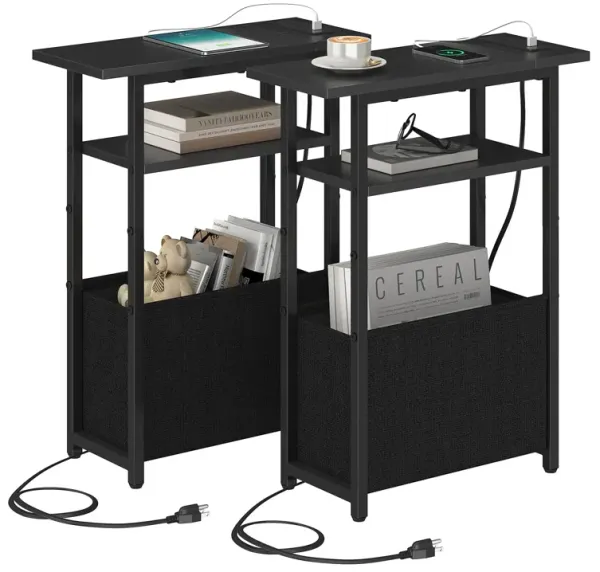 sthmec Narrow Side Table with Charging Station Set of 2, Small End Table for Small Spaces, Skinny Nightstands Set 2 with Storage