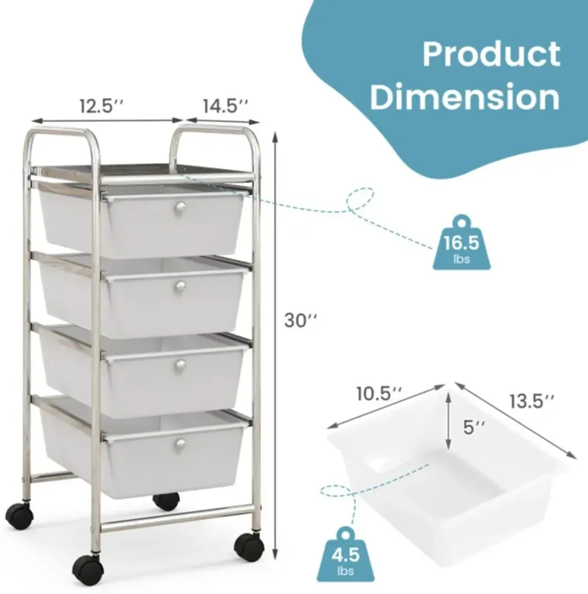 Hivvago 4-Drawer Cart Storage Bin Organizer Rolling with Plastic Drawers