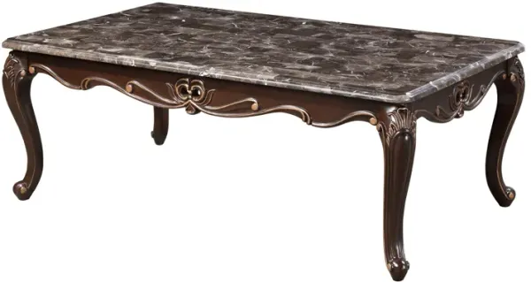Cona 54 Inch Cocktail Coffee Table, Carved Gold Accent, Cherry Brown, Gray - Benzara