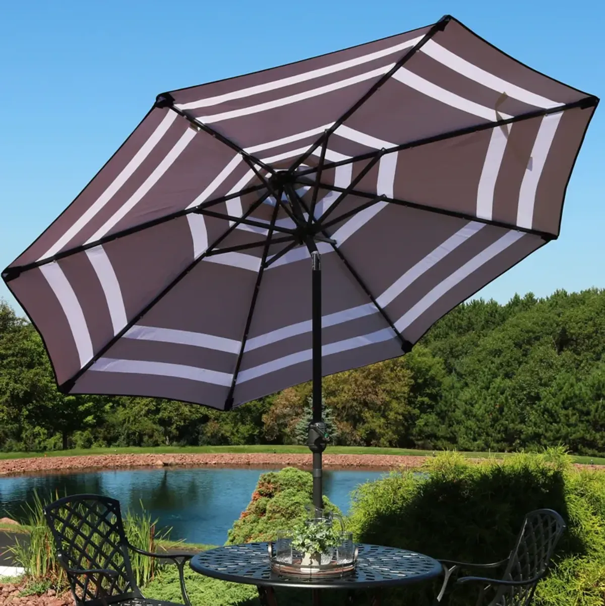 Sunnydaze 9 ft Solar Patio Umbrella with Lights, Tilt, and Crank