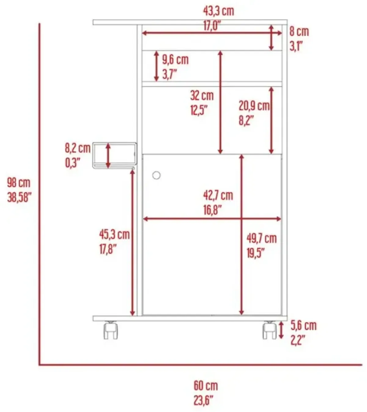 Clip Kitchen Cart, Single Door Cabinet, Four Casters - White