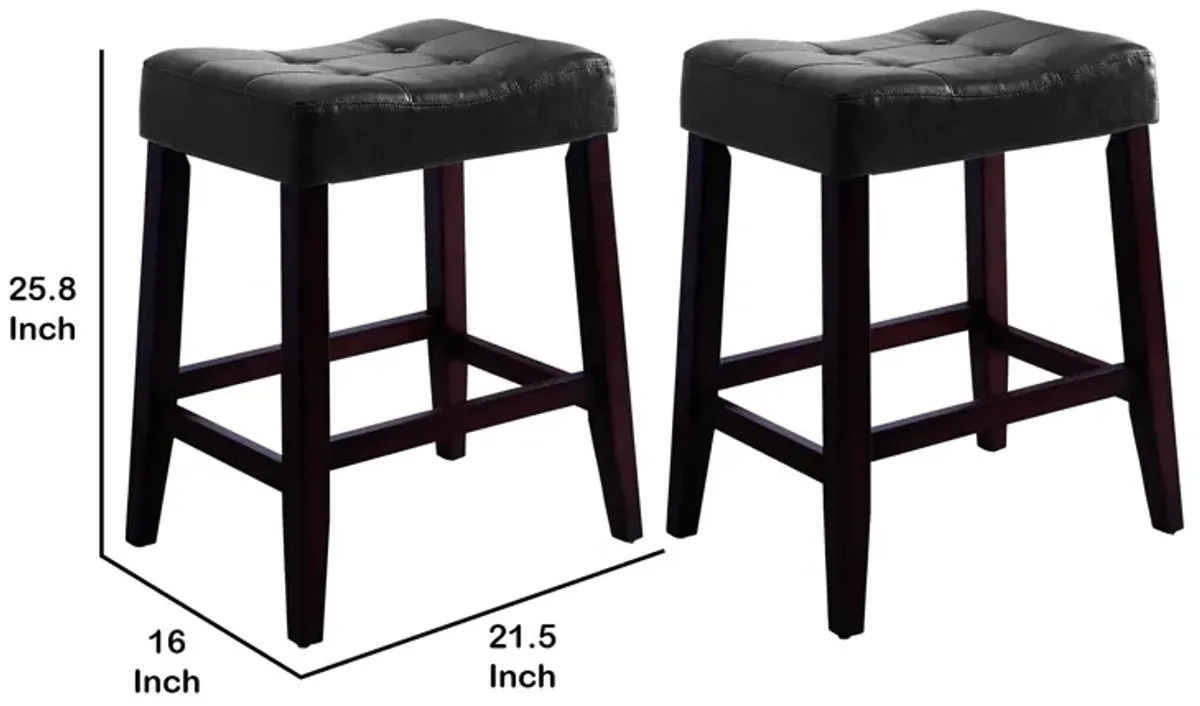 Wooden Stools with Saddle Seat and Button Tufts, Set of 2, Black and Brown - Benzara