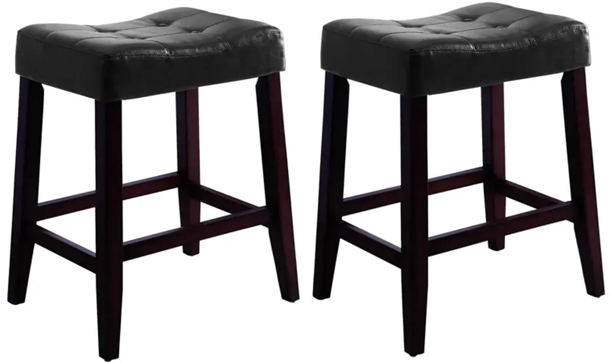 Wooden Stools with Saddle Seat and Button Tufts, Set of 2, Black and Brown - Benzara