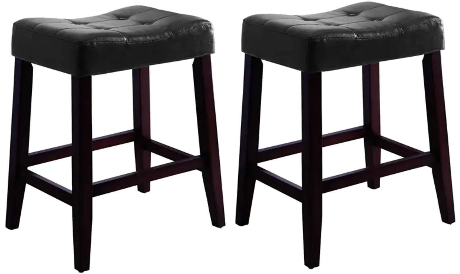 Wooden Stools with Saddle Seat and Button Tufts, Set of 2, Black and Brown - Benzara