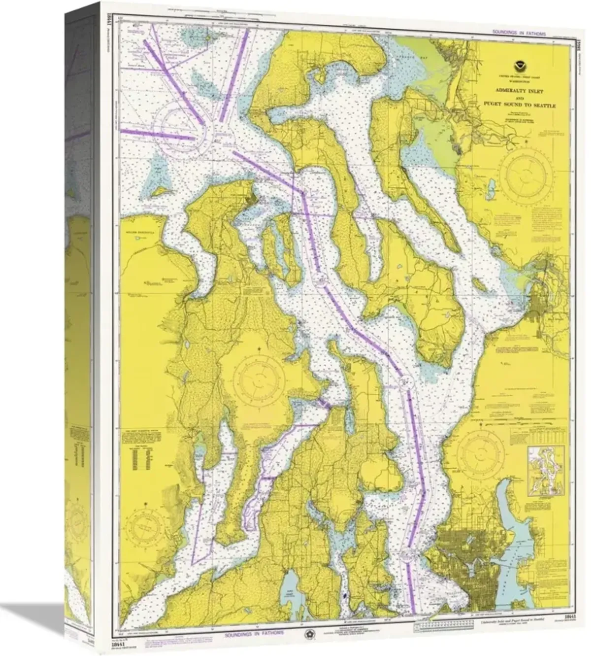 Nautical Chart - Admiralty Inlet and Puget Sound to Seattle ca. 1975-Canvas Art-12.64x16