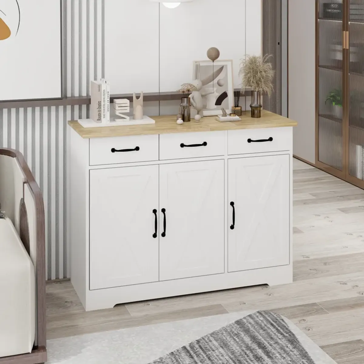 White Wood 42.72 in. Sideboard with X-panel Design Doors