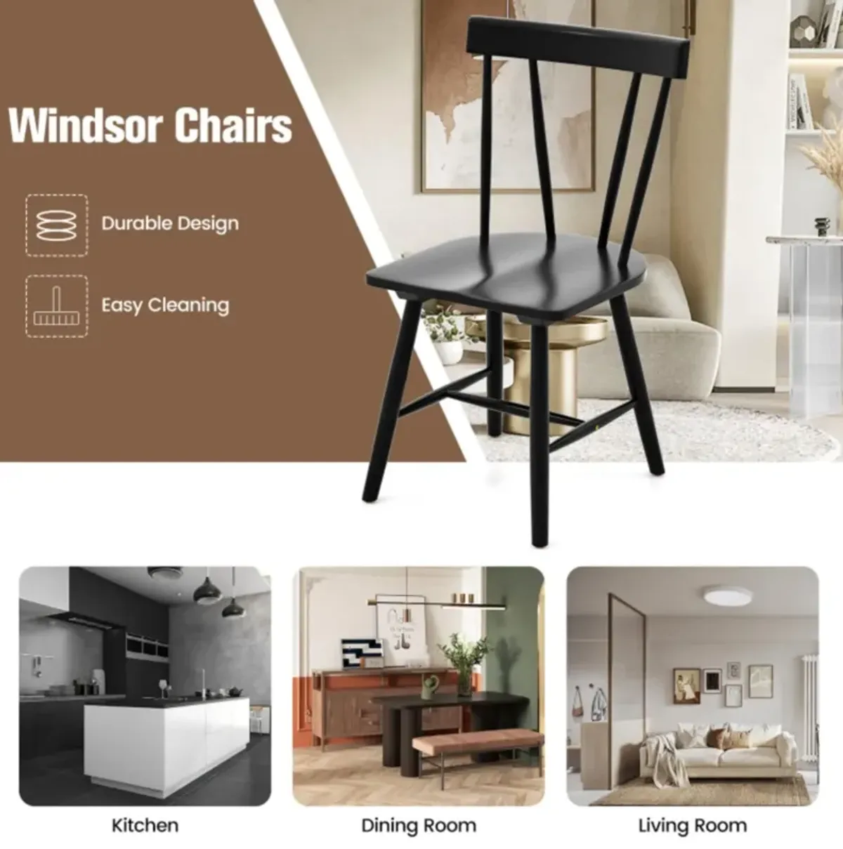 Hivvago Windsor Style Armless Chairs with Solid Rubber Wood Frame