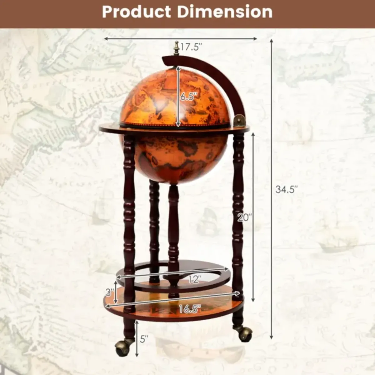 Hivvago 16th Century Wood Globe Wine Bar Stand