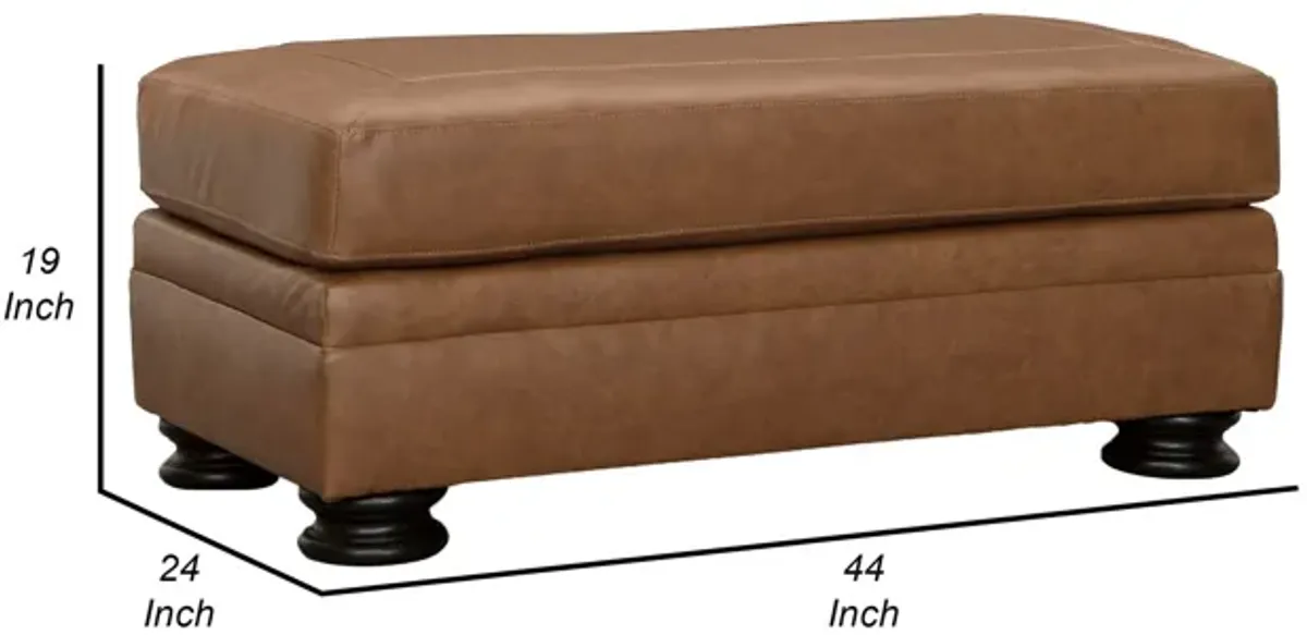 Aida 44 Inch Ottoman, Plush Cushion Top, Caramel Brown Genuine Leather - Benzara