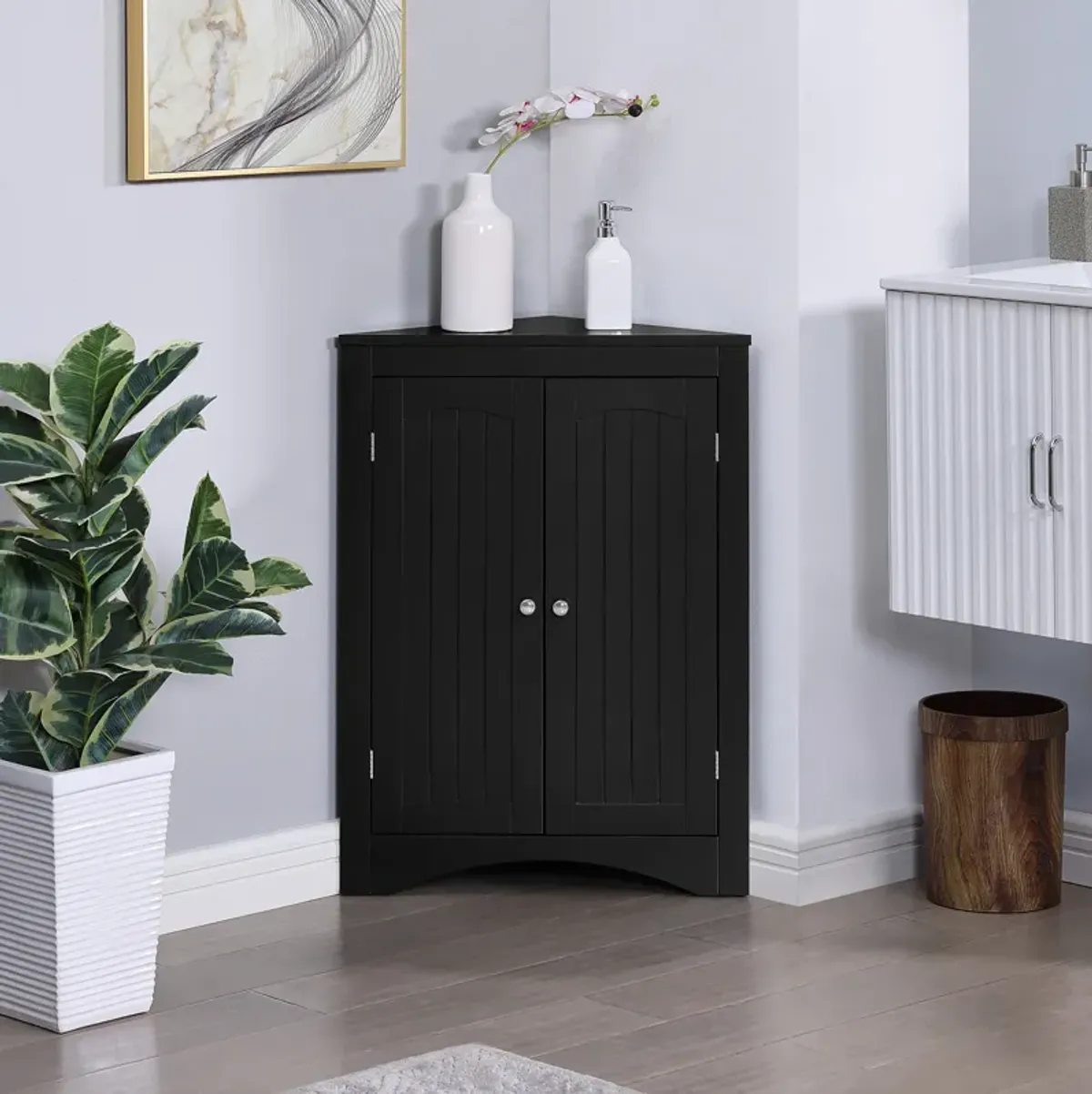 Black Wood 32.3 in.H Storage Corner Cabinet with Shelves