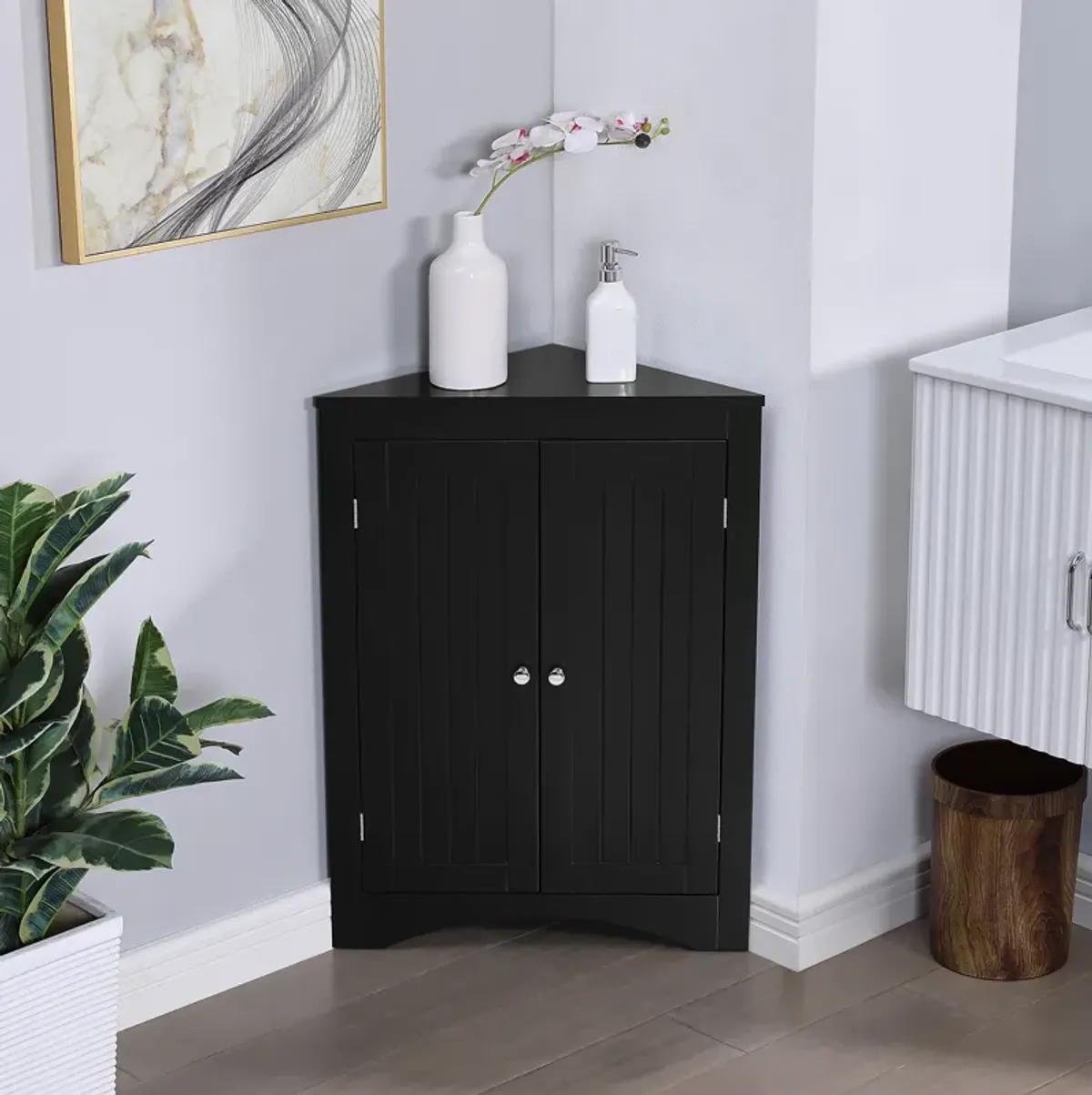 Black Wood 32.3 in.H Storage Corner Cabinet with Shelves