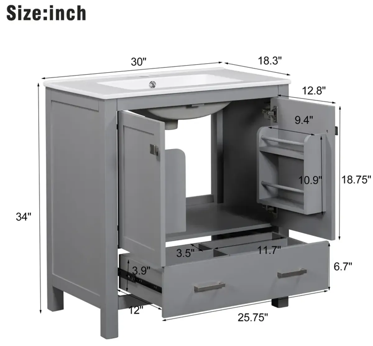 Gewnee 30 Inch Green Bathroom Vanity with Single Sink