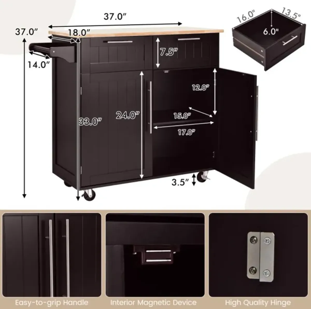 Hivvago Heavy Duty Rolling Kitchen Cart with Tower Holder and Drawer