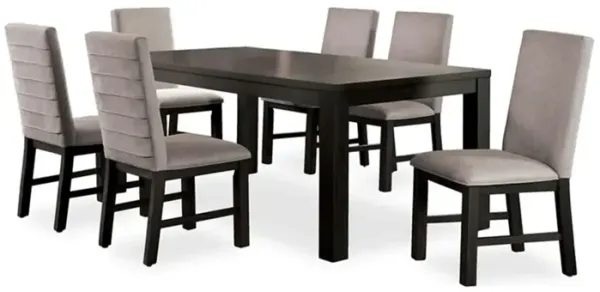 Renu 7pc Dining Table and Chair Set, 72 Inch Top, Gray Linen, Black - Benzara