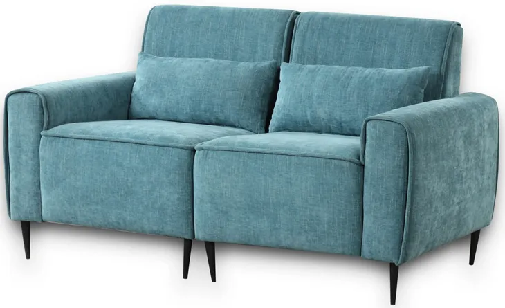 Tiu 62 Inch Loveseat with 2 Lumbar Pillows, Blue Chenille, Solid Wood - Benzara