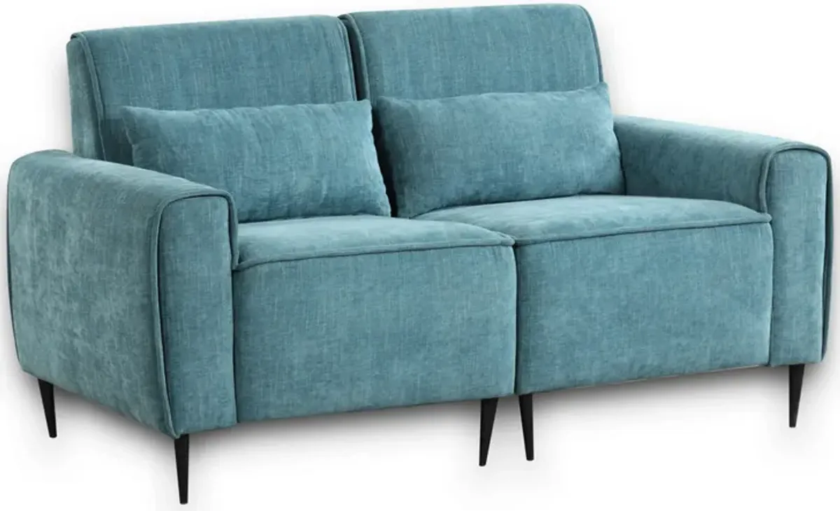 Tiu 62 Inch Loveseat with 2 Lumbar Pillows, Blue Chenille, Solid Wood - Benzara