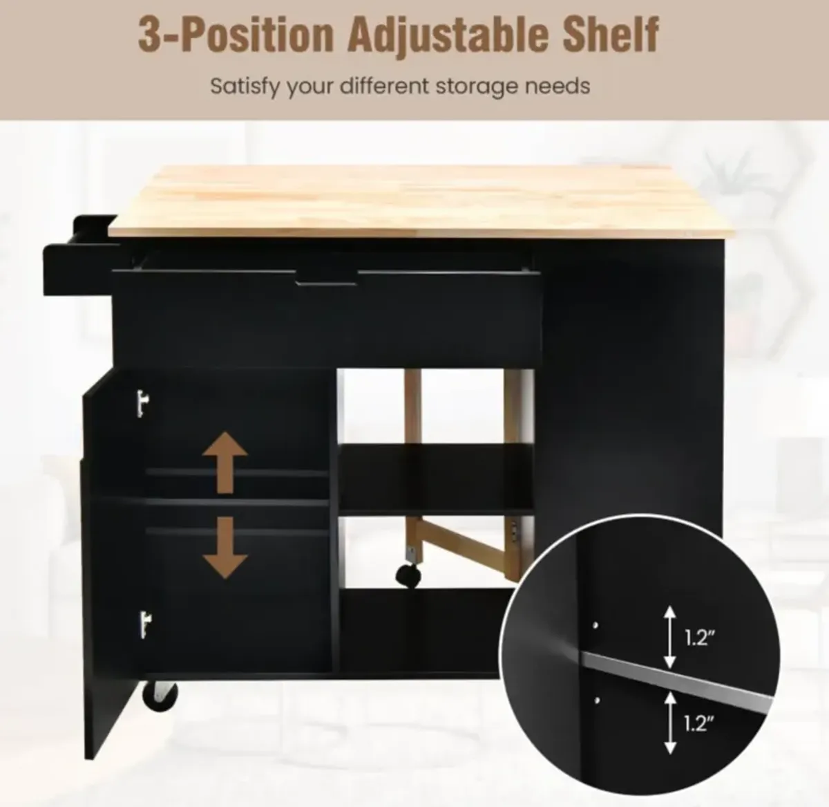 Hivvago Drop-Leaf Kitchen Island with Rubber Wood Top