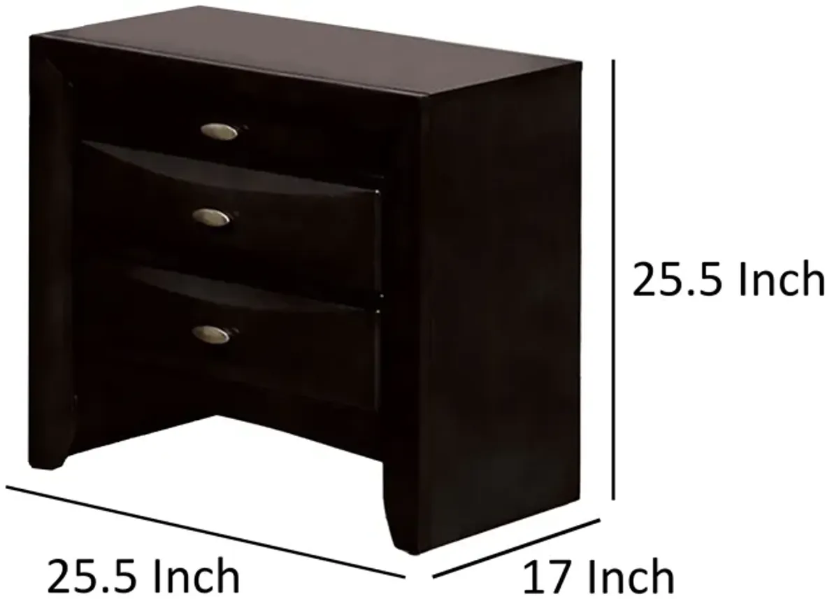 Simo Nightstand, Spacious Top, Metal Knobs, 3 Drawers, Black Solid Wood