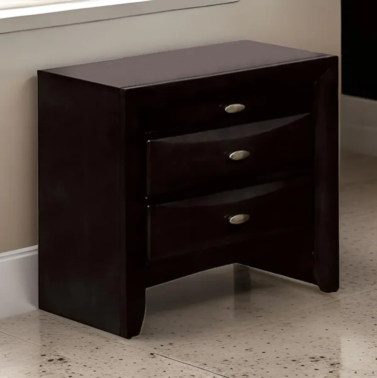 Simo Nightstand, Spacious Top, Metal Knobs, 3 Drawers, Black Solid Wood