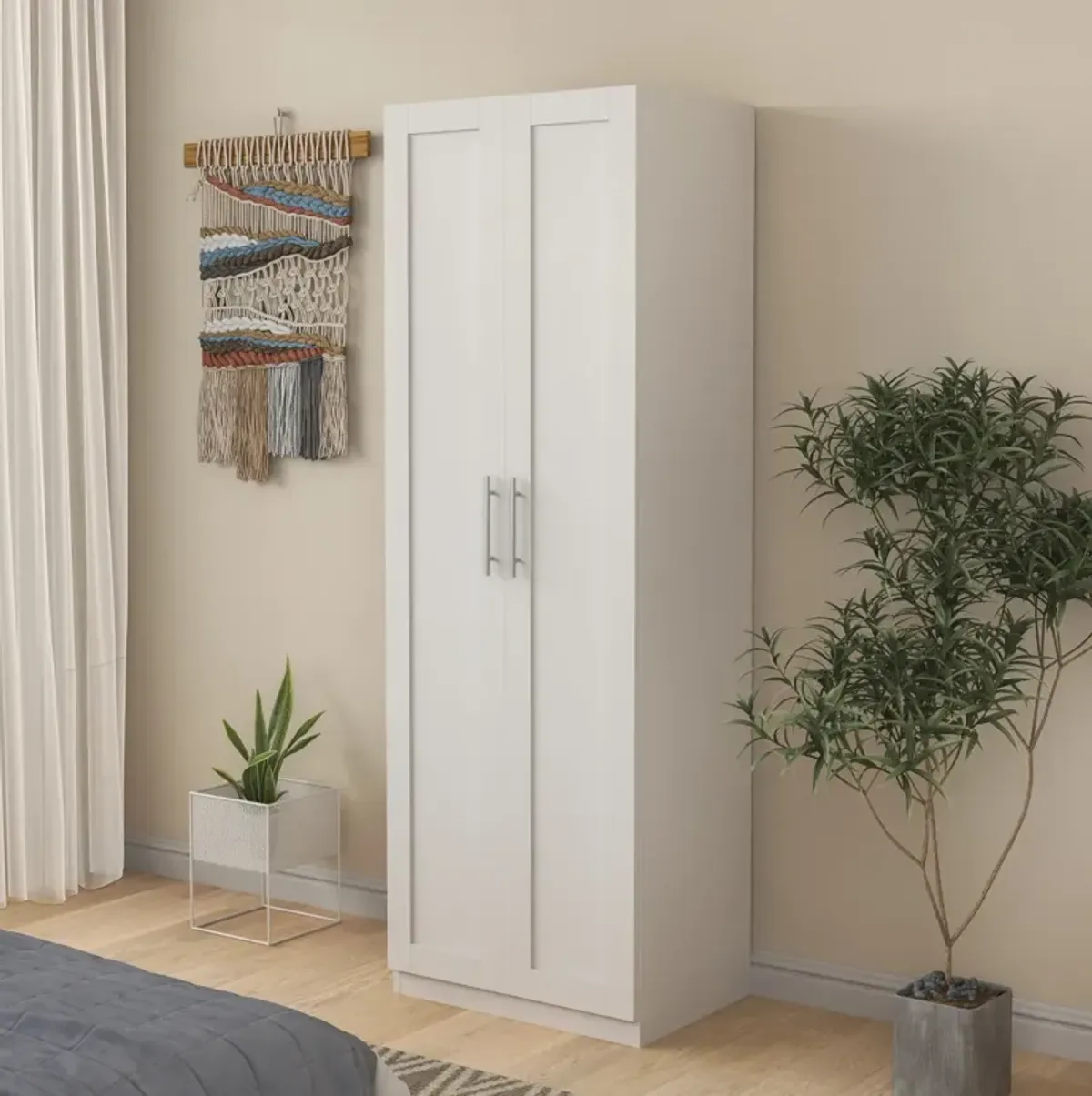 High Wardrobe And Kitchen Cabinet With 2 Doors And 3 Partitions To Separate 4 Storage Spaces