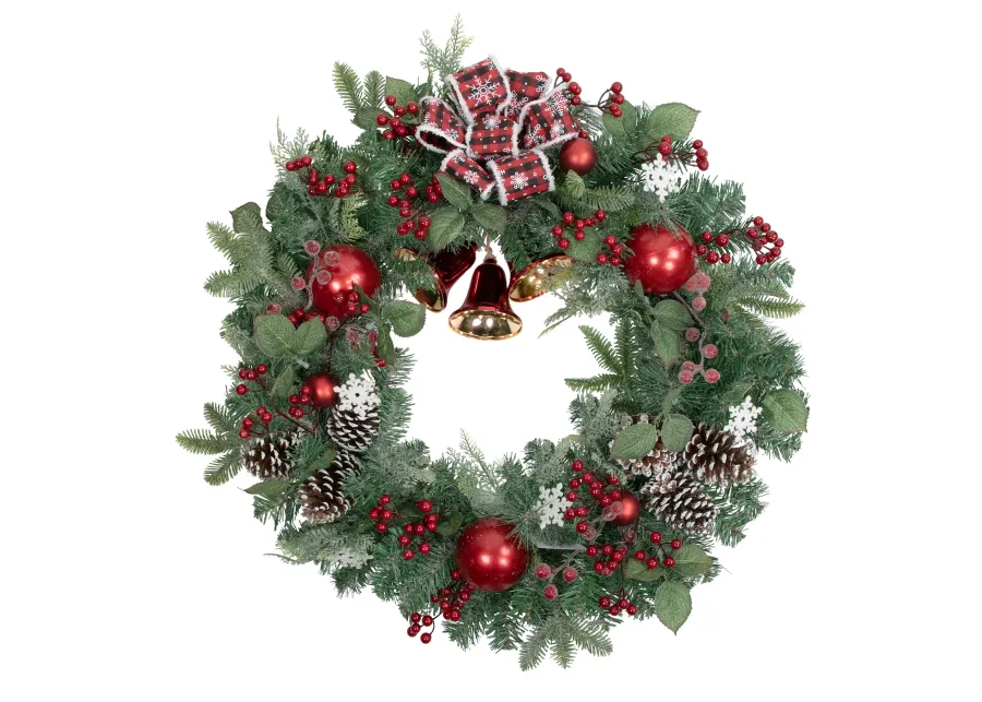 Red Bells and Mixed Foliage Artificial Christmas Wreath  30-Inch  Unlit