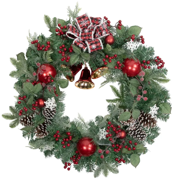 Red Bells and Mixed Foliage Artificial Christmas Wreath  30-Inch  Unlit