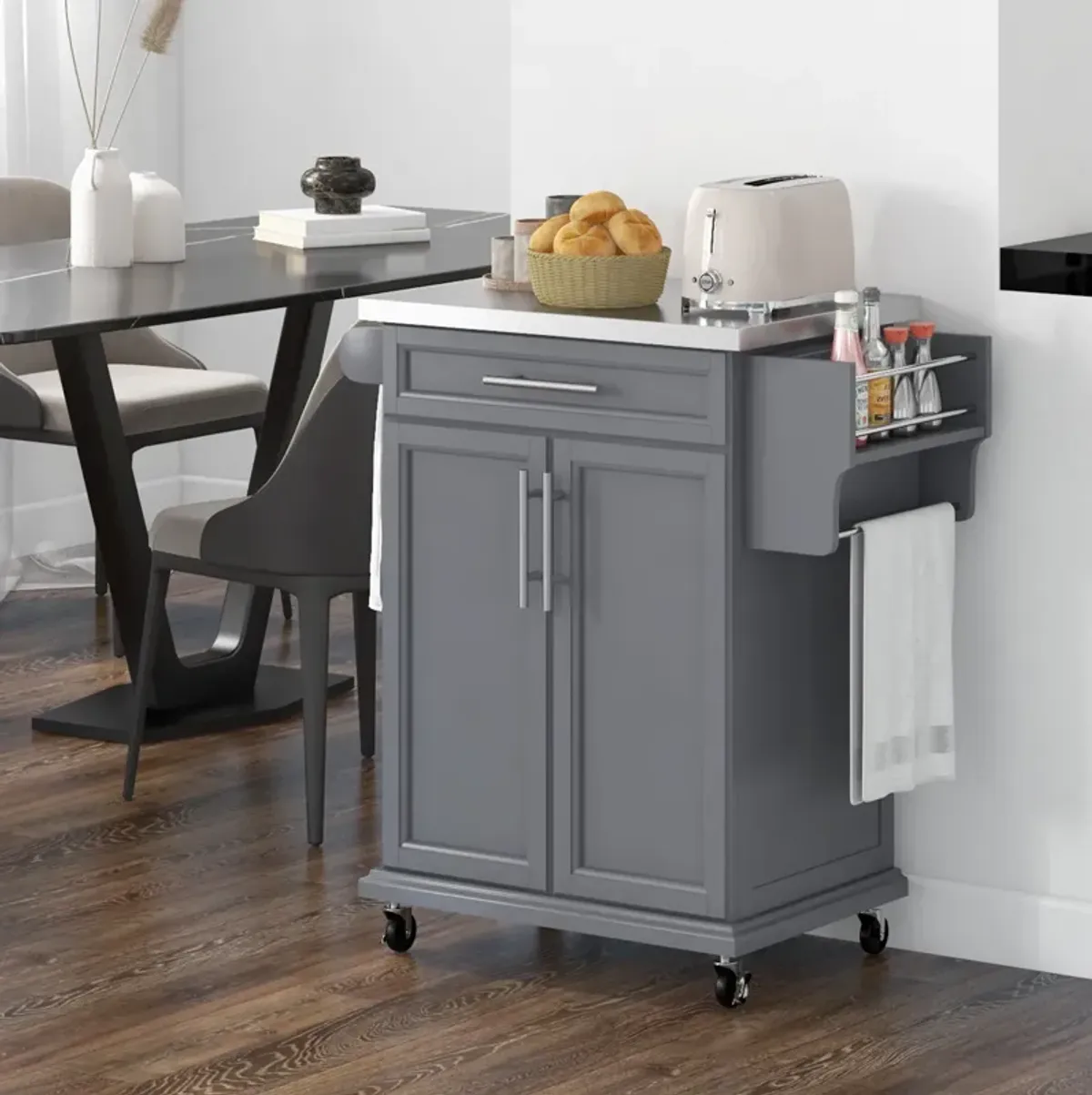 Gray Kitchen Island Cart: Drawer, Stainless Top, Utility Storage