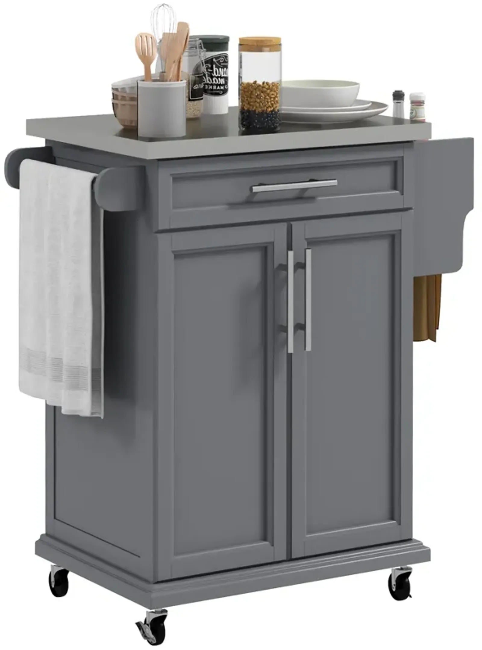 Gray Kitchen Island Cart: Drawer, Stainless Top, Utility Storage