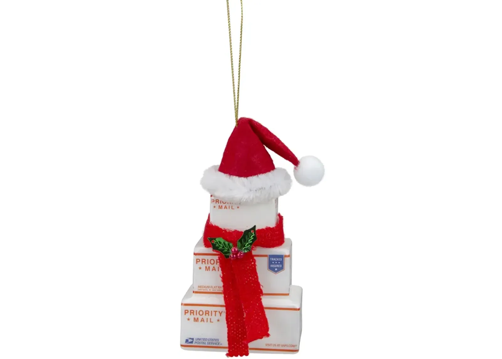 4.5" White and Red "USPS Priority Mail" Stacked Packages Santa Hat Christmas Ornament