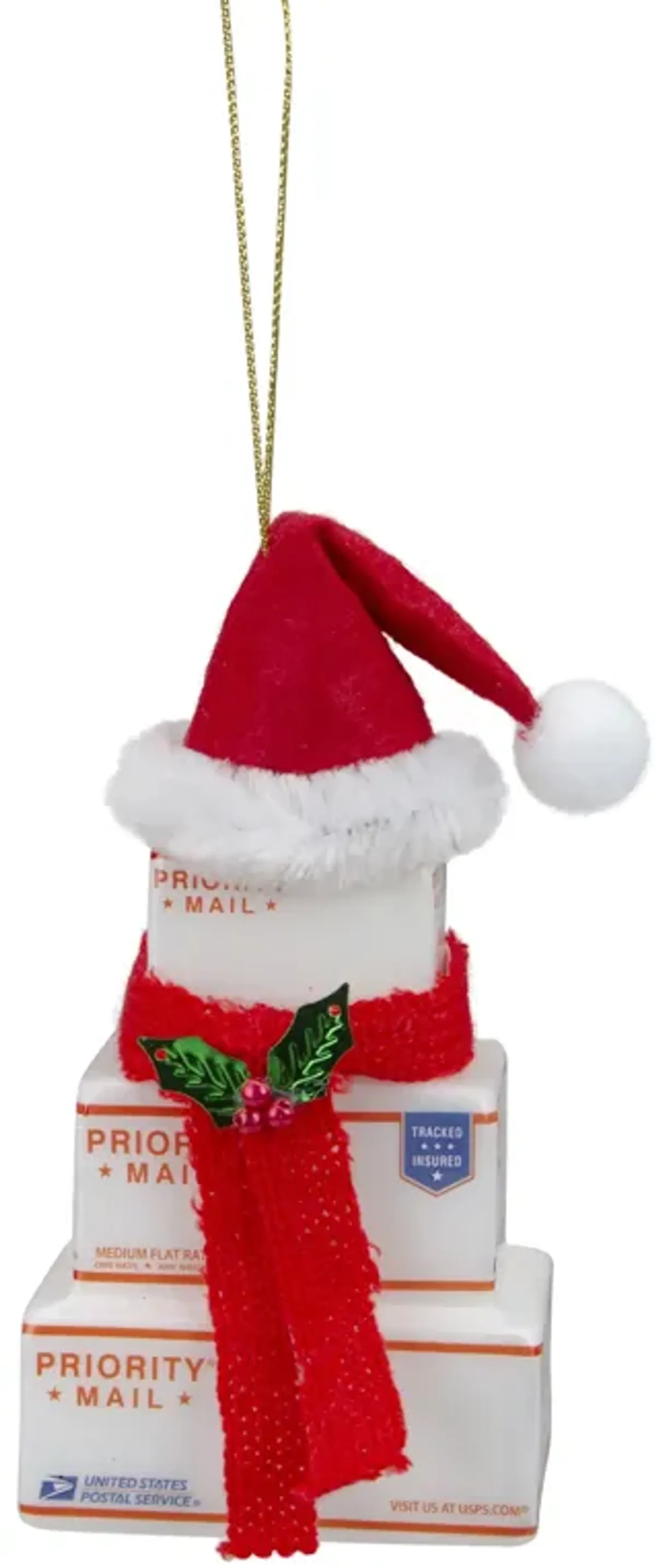 4.5" White and Red "USPS Priority Mail" Stacked Packages Santa Hat Christmas Ornament