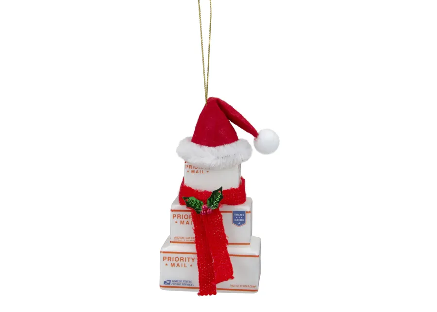 4.5" White and Red "USPS Priority Mail" Stacked Packages Santa Hat Christmas Ornament