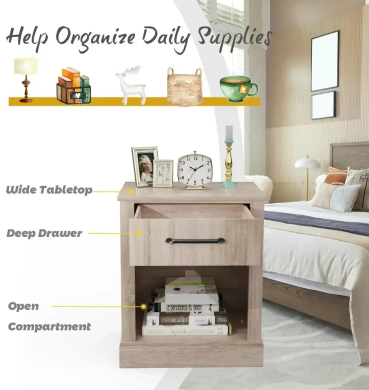 Hivvago Compact Nightstand with Drawer and  Shelf