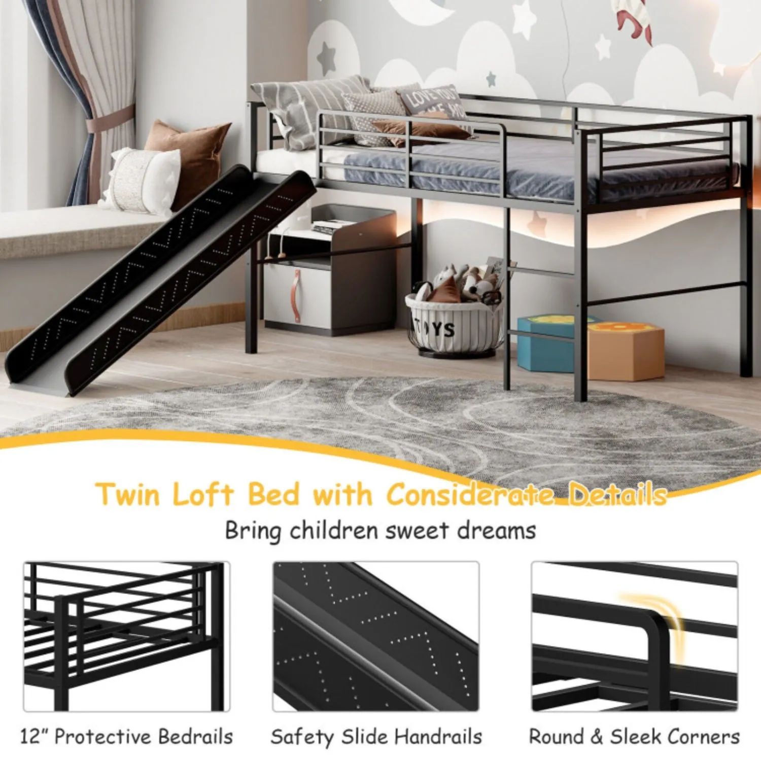 Twin Metal Loft Bed with Slide Safety Guardrails and Built-in Ladder-White