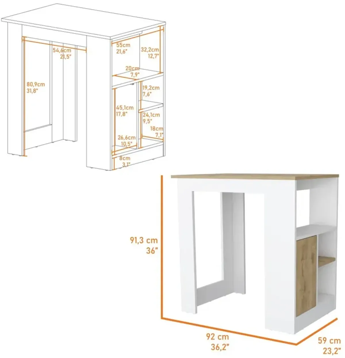 Aurora Kitchen Island With Open Compartment And Cabinet In White And Macadamia