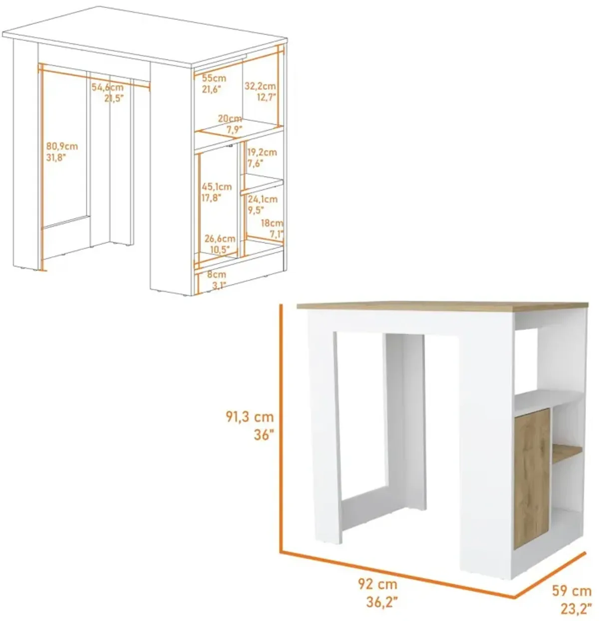 Aurora Kitchen Island With Open Compartment And Cabinet In White And Macadamia