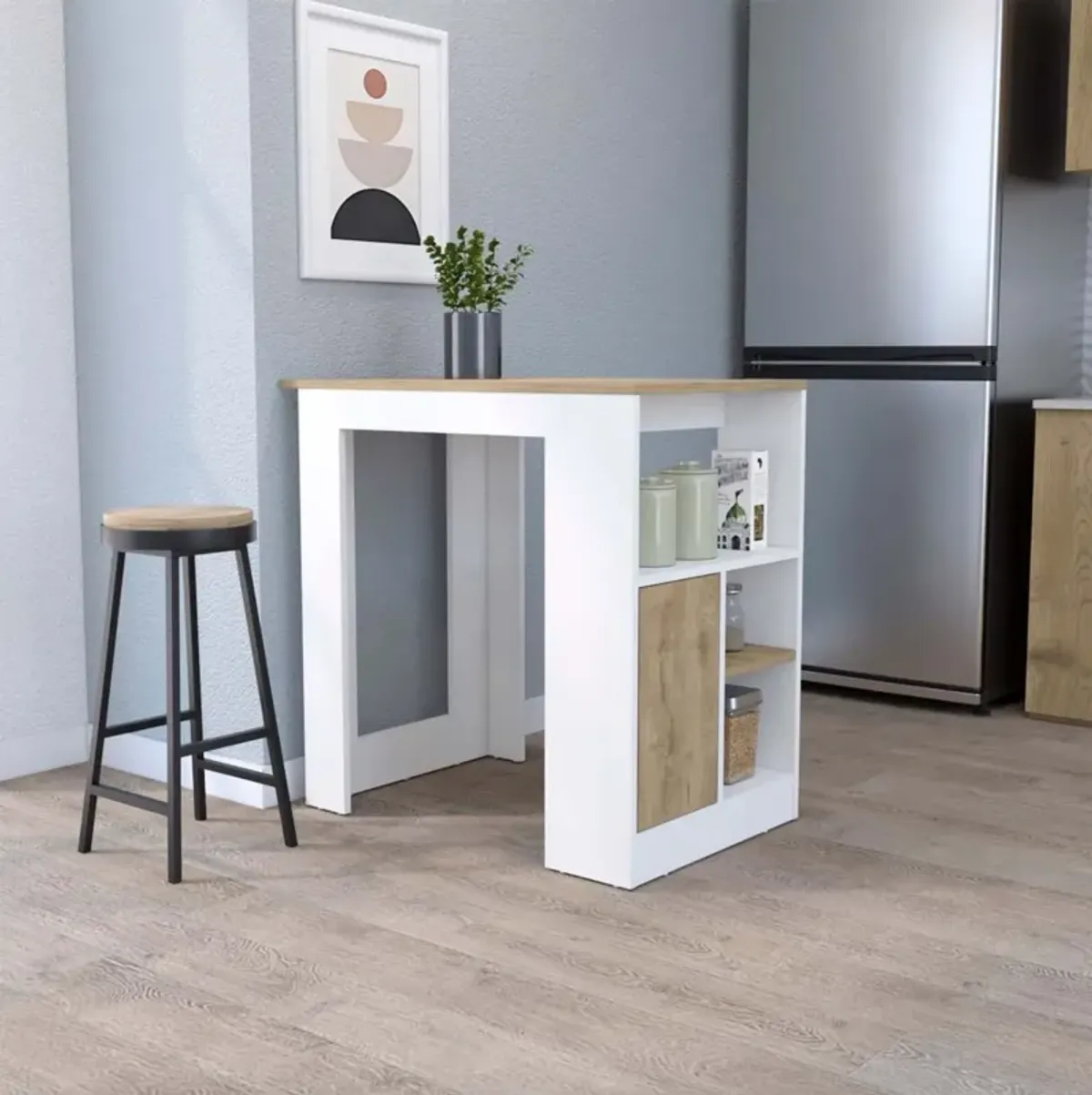 Aurora Kitchen Island With Open Compartment And Cabinet In White And Macadamia