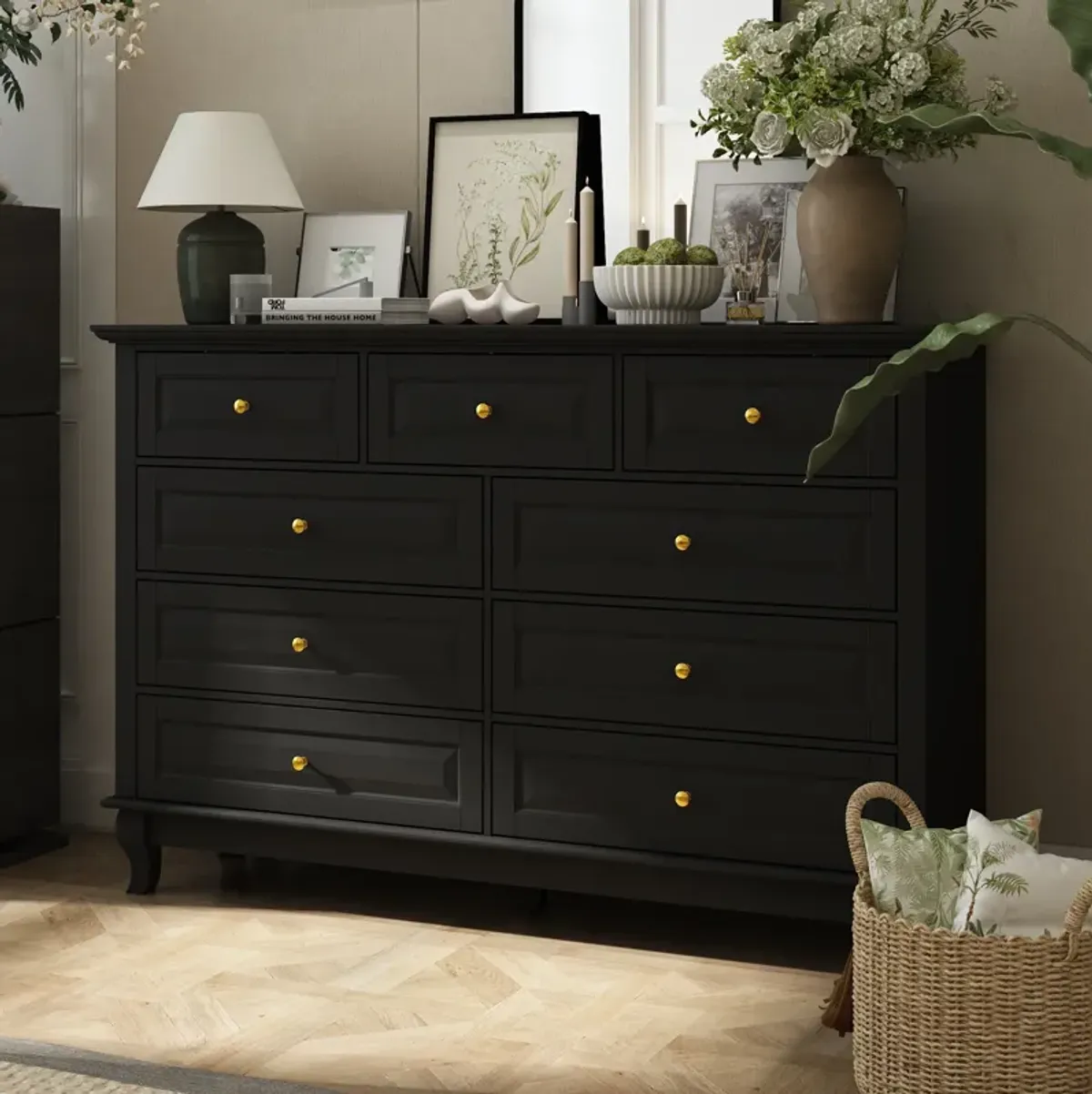 Modern 9-Drawer Dresser: Stylish Storage Solution in White or Black