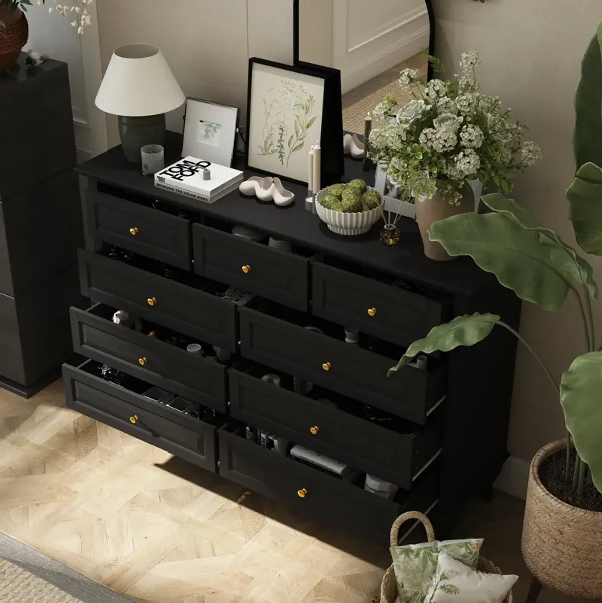 Modern 9-Drawer Dresser: Stylish Storage Solution in White or Black