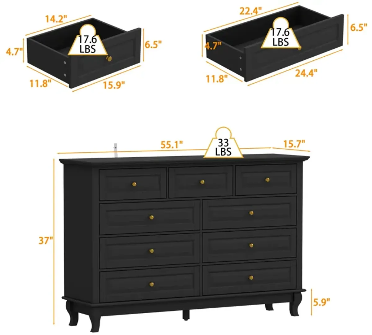 Modern 9-Drawer Dresser: Stylish Storage Solution in White or Black