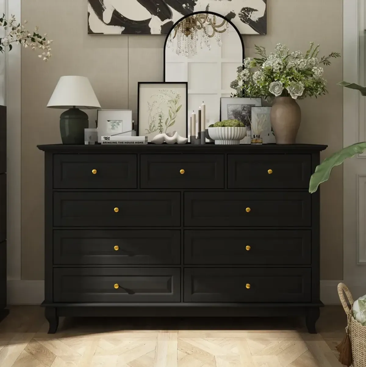 Modern 9-Drawer Dresser: Stylish Storage Solution in White or Black