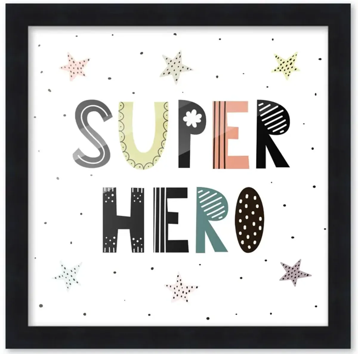 10x10 Framed Nursery Wall Art Super Hero Poster In Black Wood Frame For Kid Bedroom or Playroom