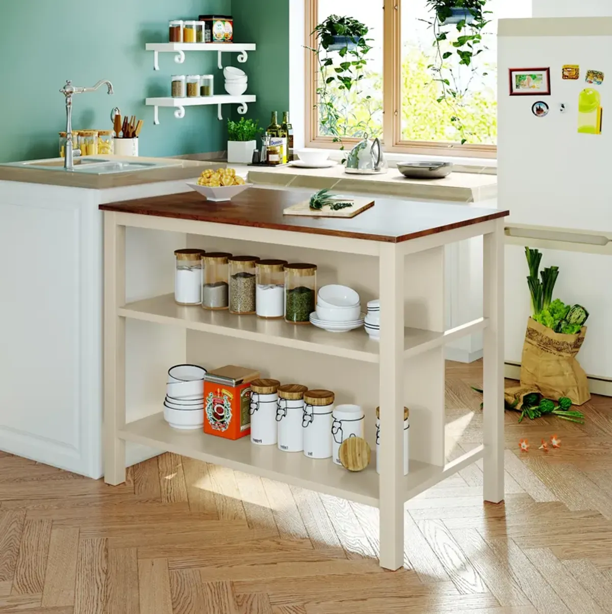 Solid Wood Rustic 45 Stationary Kitchen Island, Rubberwood Butcher Block Dining Table Prep