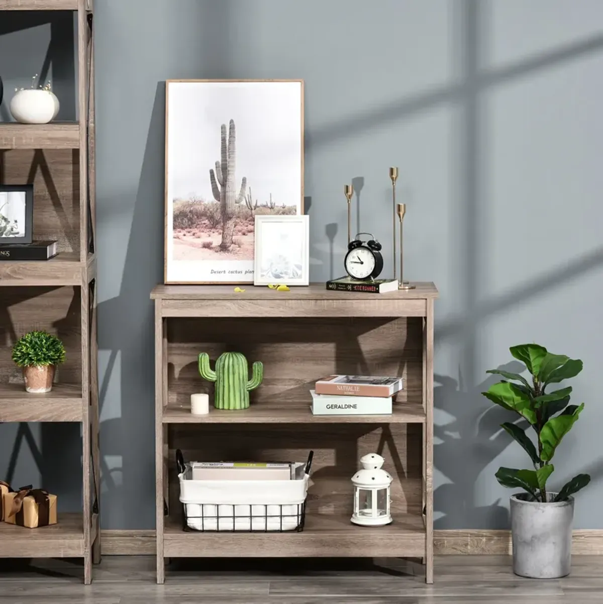 Dark Industrial Shelving: 2-Tier Bookcase with Metal X-Bar