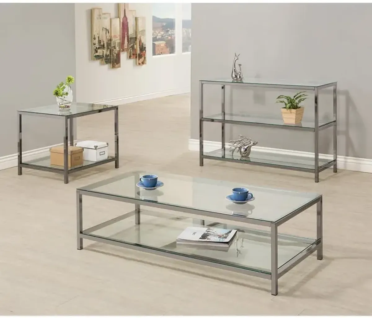 Trini Sofa Table with Glass Shelf Black Nickel