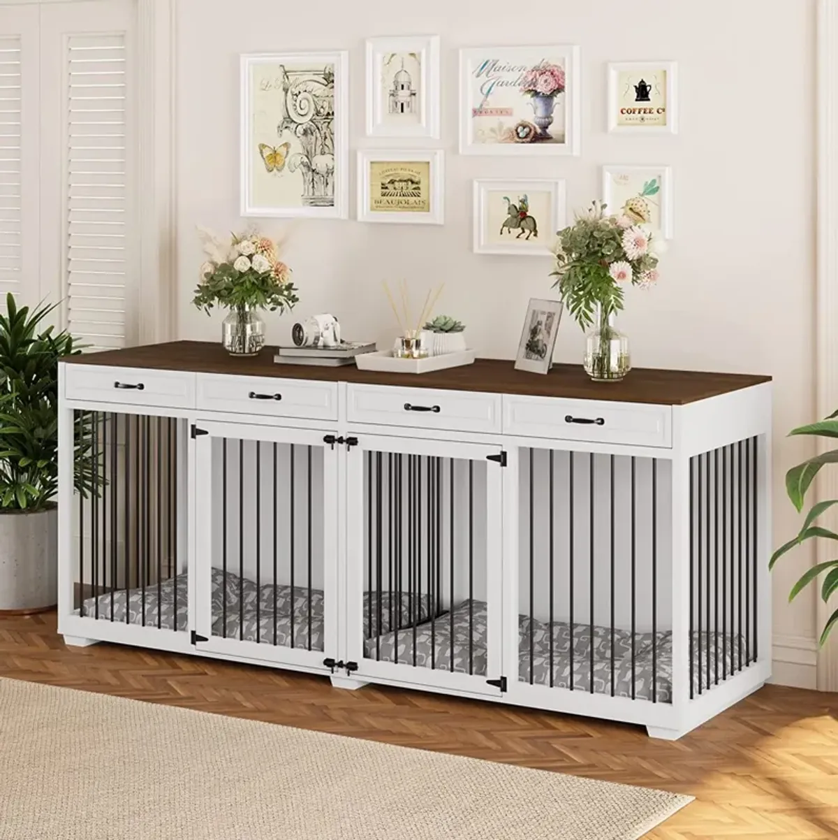 92.9 in. Super Large Dog Crate Furniture, Indoor Wooden Dog House Kennel w/4-Drawers and Divider, XXXL for 2 Large Dogs