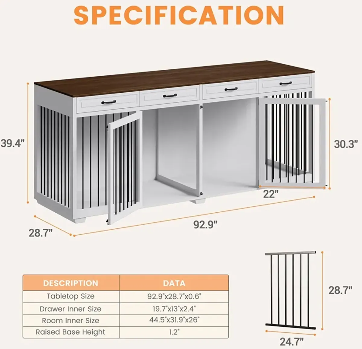 92.9 in. Super Large Dog Crate Furniture, Indoor Wooden Dog House Kennel w/4-Drawers and Divider, XXXL for 2 Large Dogs