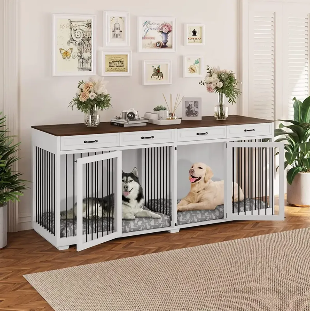 92.9 in. Super Large Dog Crate Furniture, Indoor Wooden Dog House Kennel w/4-Drawers and Divider, XXXL for 2 Large Dogs