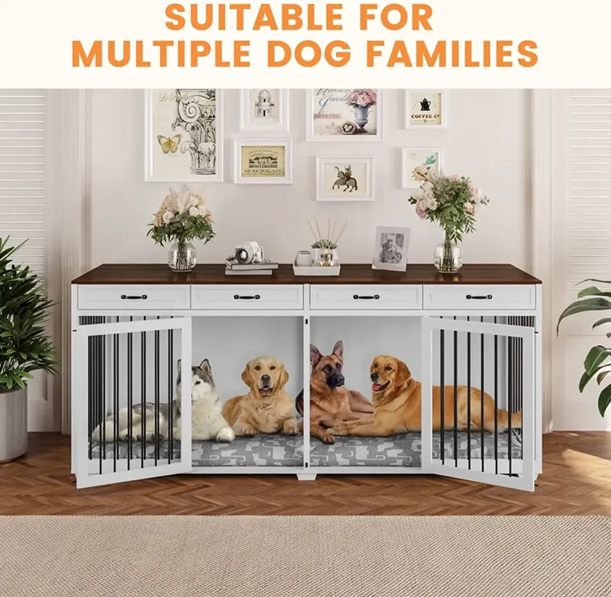 92.9 in. Super Large Dog Crate Furniture, Indoor Wooden Dog House Kennel w/4-Drawers and Divider, XXXL for 2 Large Dogs